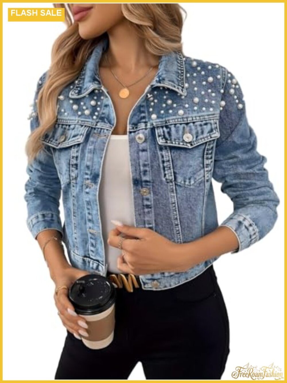 Pearl Embellished Denim Jacket Cropped Long Sleeve Button Front with Pockets